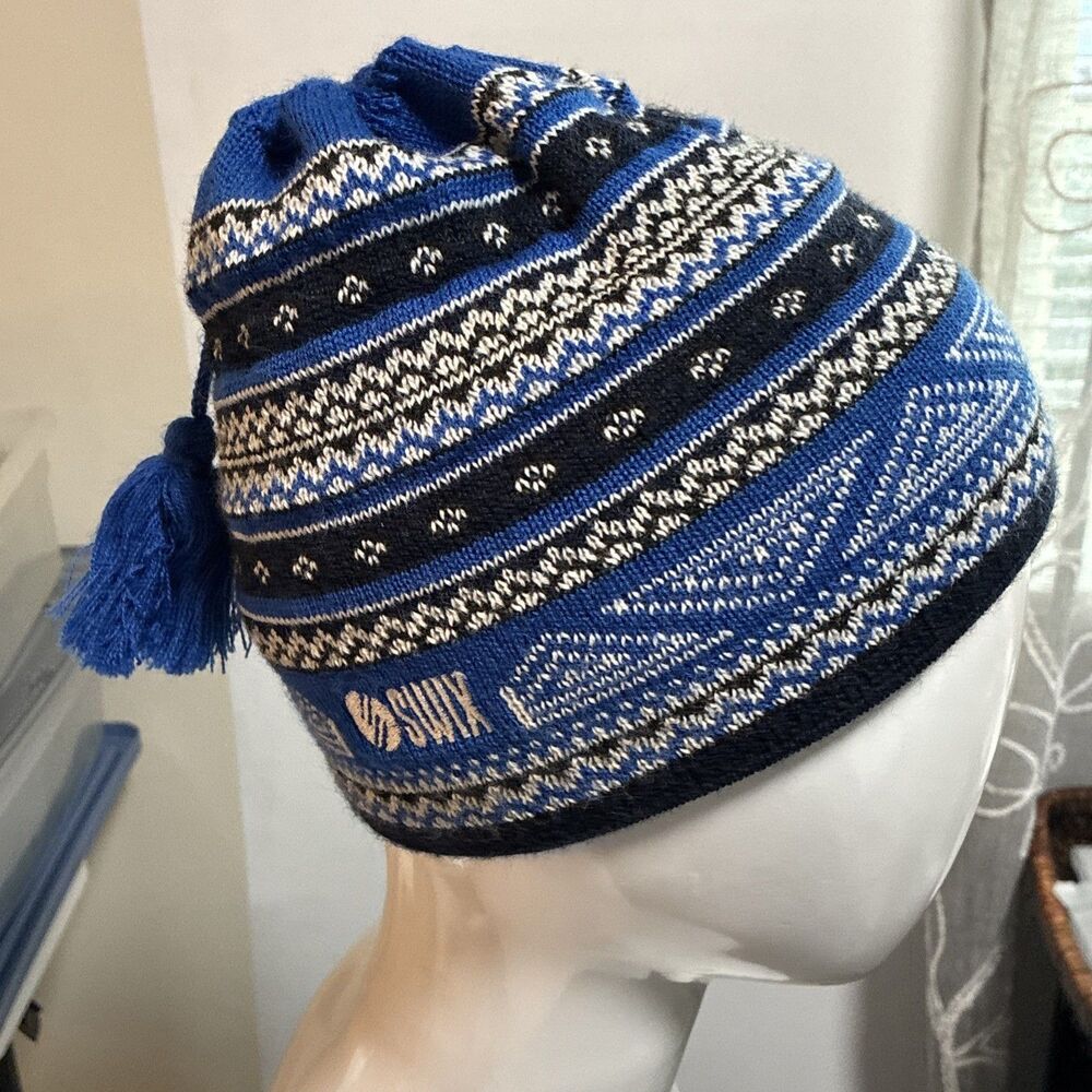 Swix Wool Blend Beanie Hat Tassel Pom Winter Ski Cap Fleece Lined Nordic Blue OS